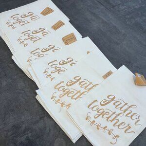 Gather Together Tea Towel Set Of 6 100% White Cotton‎ Gold Lettering NWT